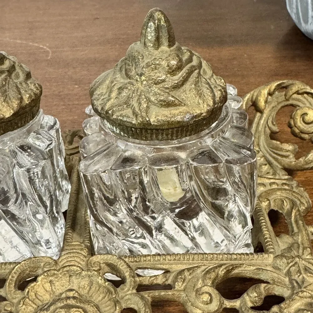 Antique Ornate Brass Double Inkwell Stand with Two Glass Ink Pots Victorian Era - Picture 5 of 11